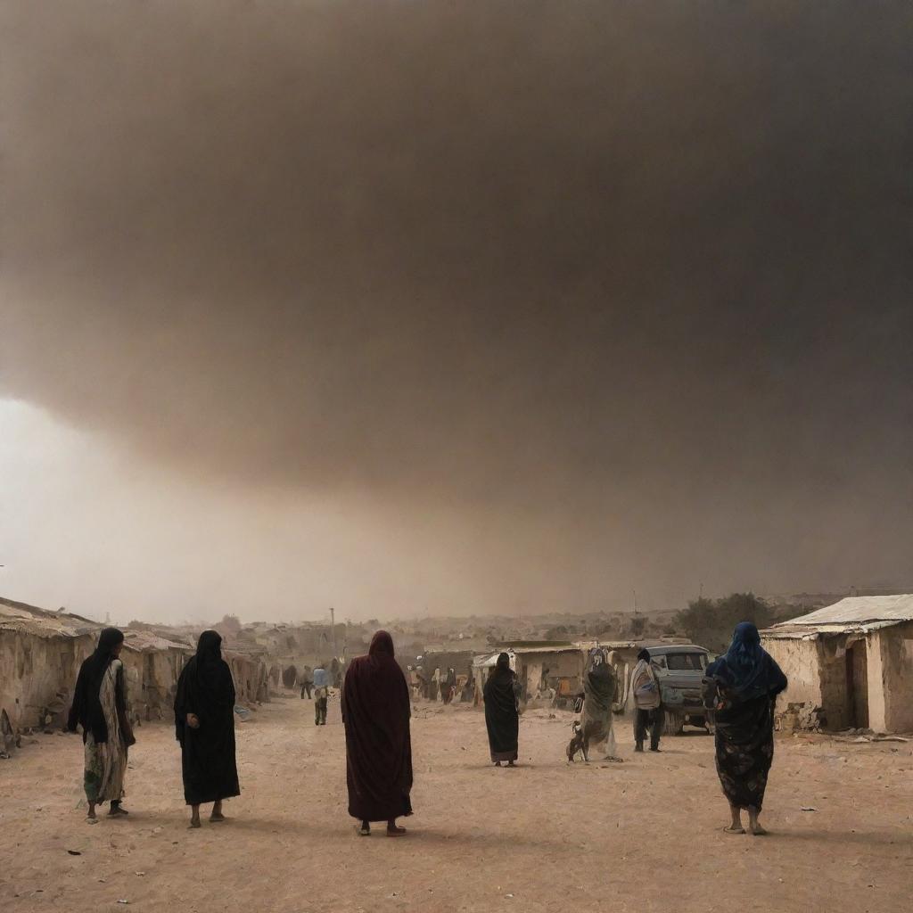 The village inhabitants look up, faces aghast, as their routine life is disrupted by the sudden, darkening sky turned ominous by the impending sandstorm.