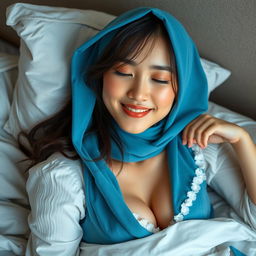 A 24-year-old Chinese maid with a blue ocean hijab, lying on the bed in a relaxed pose