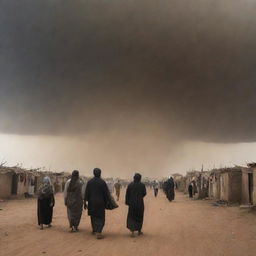 The village inhabitants look up, faces aghast, as their routine life is disrupted by the sudden, darkening sky turned ominous by the impending sandstorm.