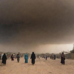 The village inhabitants look up, faces aghast, as their routine life is disrupted by the sudden, darkening sky turned ominous by the impending sandstorm.