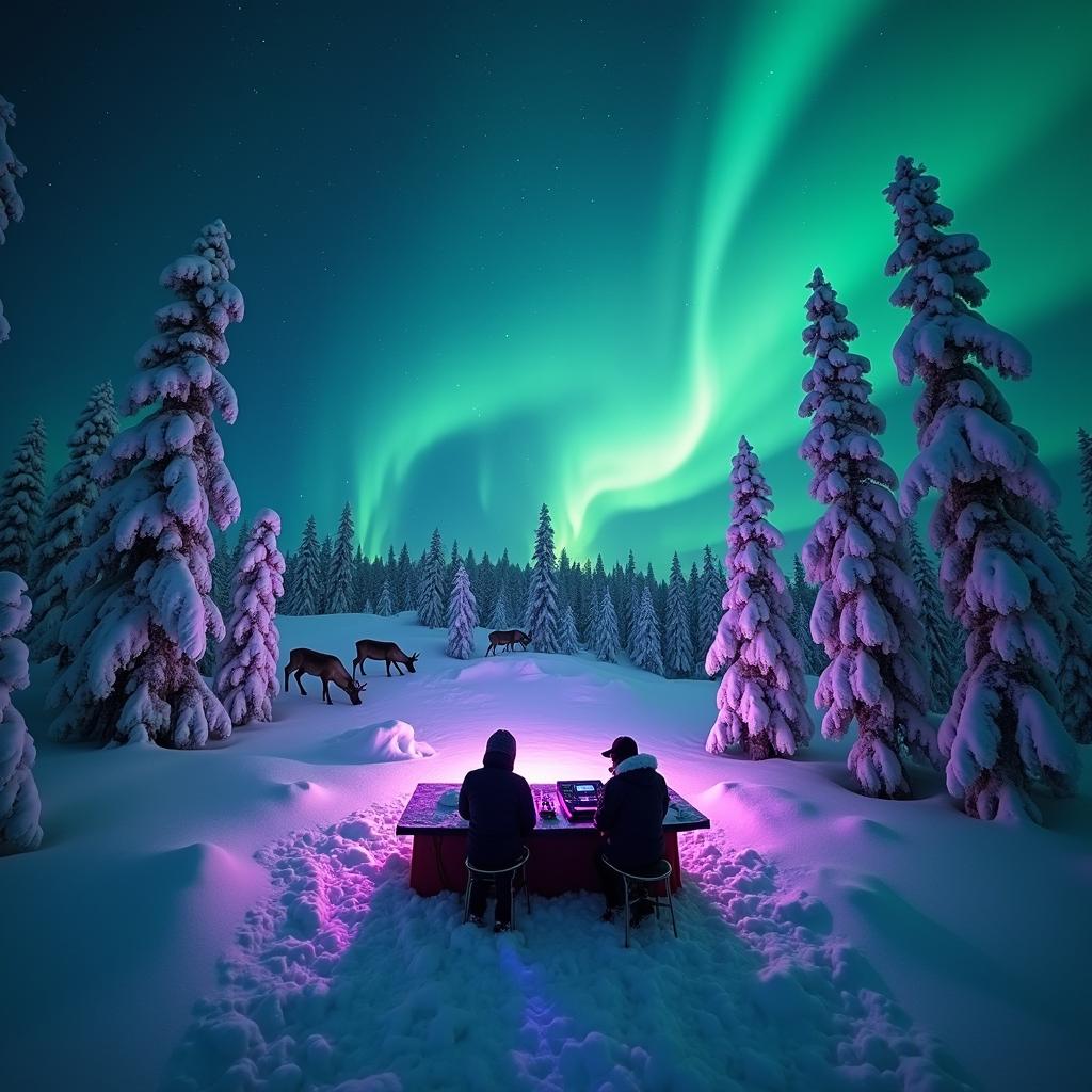 An exhilarating scene featuring two DJs performing in the middle of an untouched snowy hilltop in Lapland