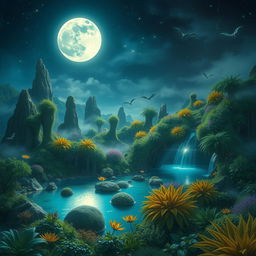 A breathtaking moonlit paradise, showcasing a mystical landscape illuminated by the soft glow of the full moon