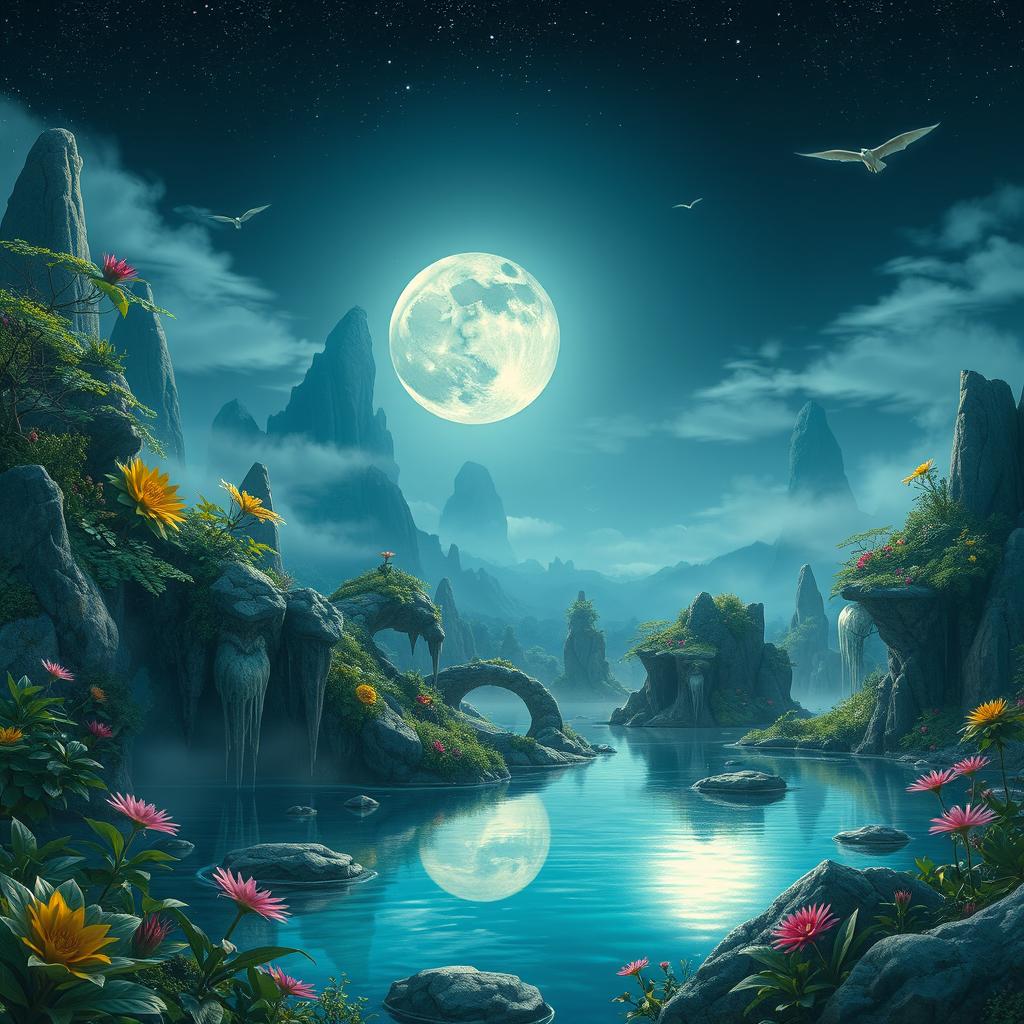 A breathtaking moonlit paradise, showcasing a mystical landscape illuminated by the soft glow of the full moon