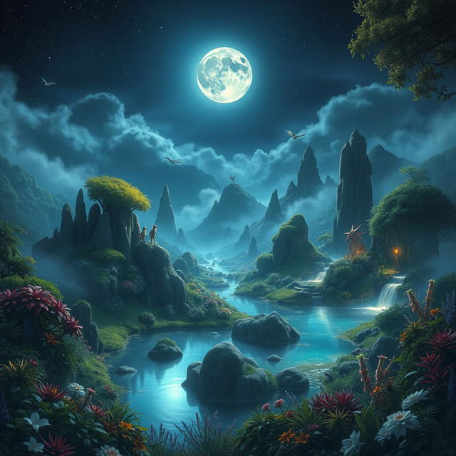 A breathtaking moonlit paradise, showcasing a mystical landscape illuminated by the soft glow of the full moon