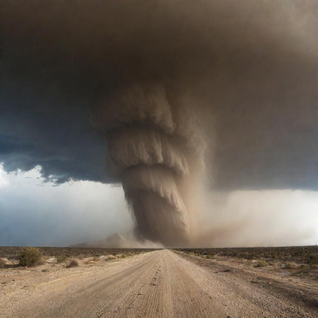 A colossal 100-meter tornado emerges, a devastating force of wind and sand, powering through the desert setting, causing panic and disarray.