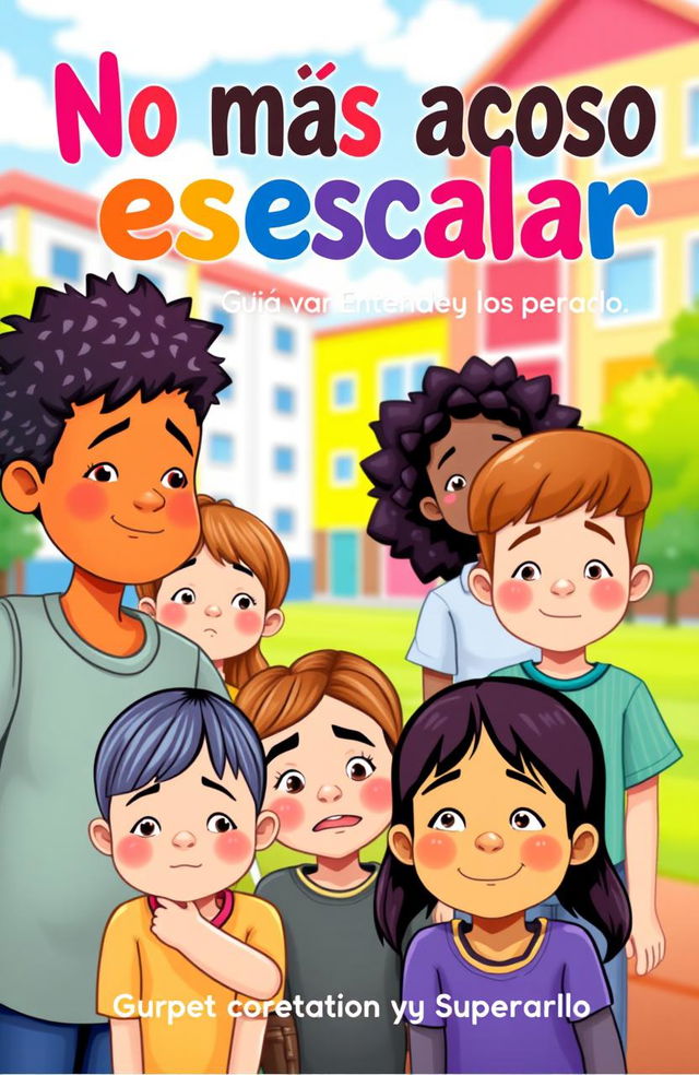 A vibrant and engaging ebook cover design focused on the theme of school bullying, featuring a diverse group of children on a school playground