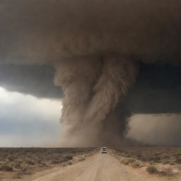 A colossal 100-meter tornado emerges, a devastating force of wind and sand, powering through the desert setting, causing panic and disarray.