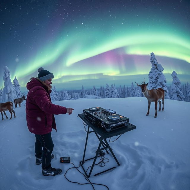 An enchanting scene of two DJs performing in the middle of an untouched snowy hilltop in Lapland