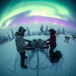 An enchanting scene of two DJs performing in the middle of an untouched snowy hilltop in Lapland