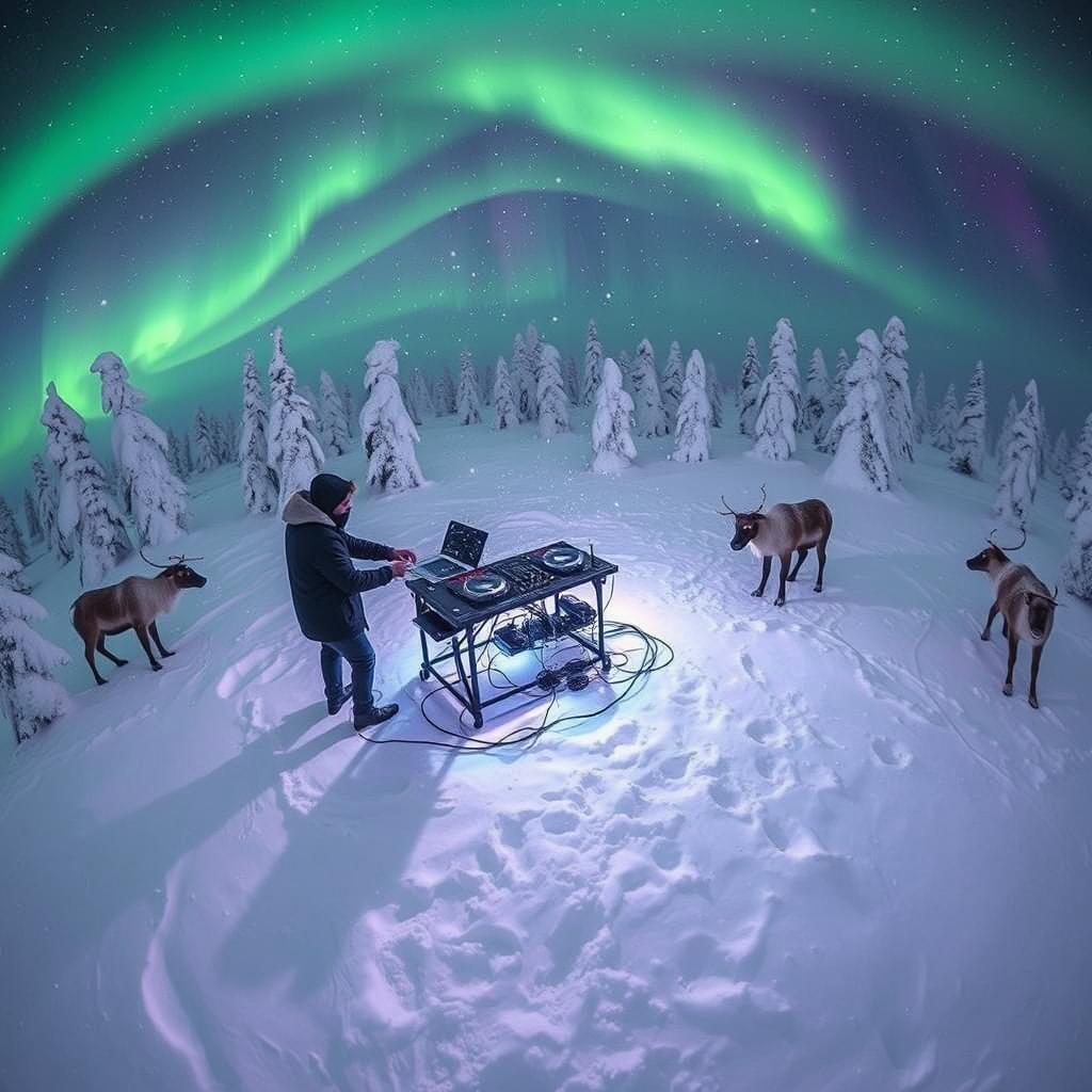 An enchanting scene of two DJs performing in the middle of an untouched snowy hilltop in Lapland