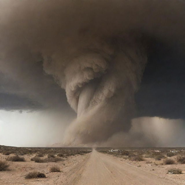 A colossal 100-meter tornado emerges, a devastating force of wind and sand, powering through the desert setting, causing panic and disarray.