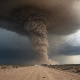 A colossal 100-meter tornado emerges, a devastating force of wind and sand, powering through the desert setting, causing panic and disarray.