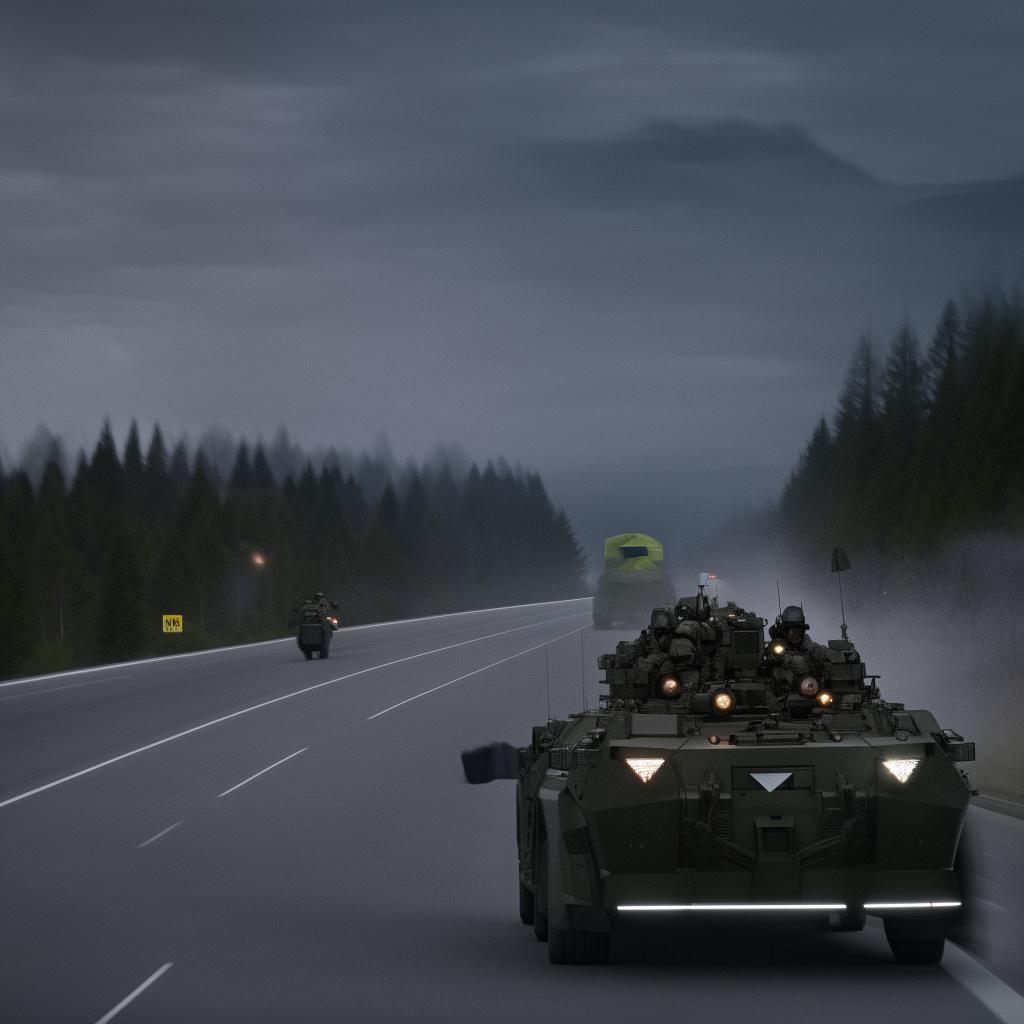 One state-of-the-art armored military vehicle forging ahead on a freeway, followed by twelve kidnappers decked in skeleton face masks and normal bullet-proof vests.