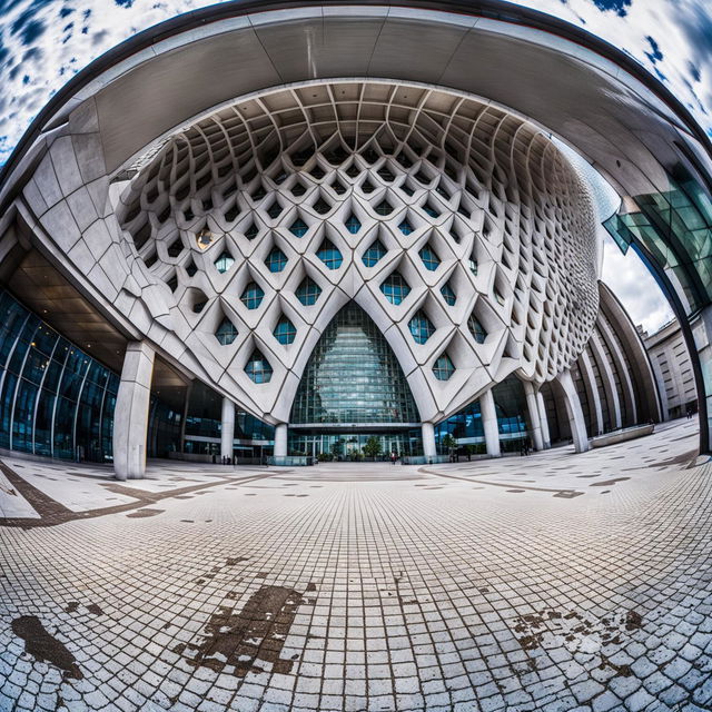 A futuristic civic building made of curved white concrete with a honeycomb facade in a city square, captured with a fisheye lens. The sun casts intriguing shadows on the cobbled pavement and plays off the undulating form of the building. Camera set to manual mode, f/8, ISO 200.