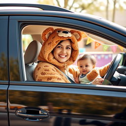 A whimsical scene featuring a young child happily sitting in the passenger seat of a car, with a woman wearing an adorable teddy bear costume at the wheel