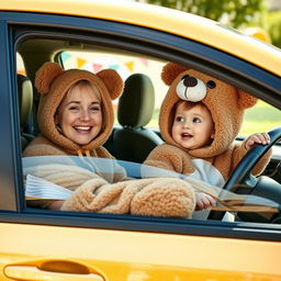 A whimsical scene featuring a young child happily sitting in the passenger seat of a car, with a woman wearing an adorable teddy bear costume at the wheel