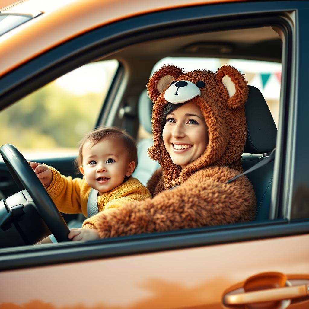 A whimsical scene featuring a young child happily sitting in the passenger seat of a car, with a woman wearing an adorable teddy bear costume at the wheel