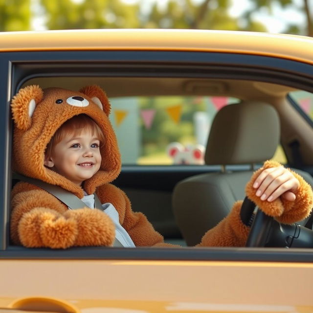 A whimsical scene featuring a young child happily sitting in the passenger seat of a car, with a woman wearing an adorable teddy bear costume at the wheel