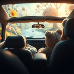 A whimsical cinematic image featuring an ordinary child sitting in the back seat of a realistic car, looking out with a sense of wonder