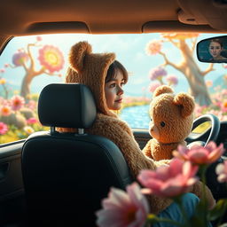 A whimsical cinematic image featuring an ordinary child sitting in the back seat of a realistic car, looking out with a sense of wonder
