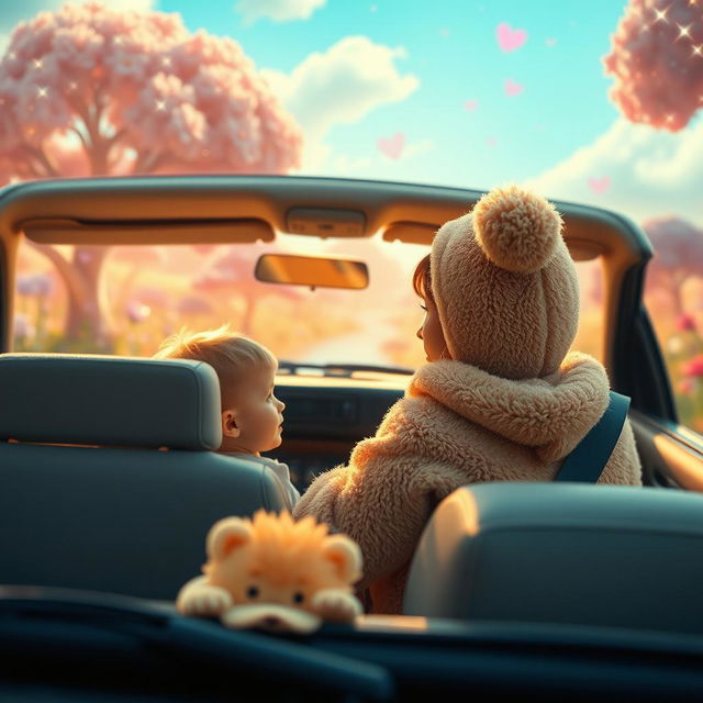 A whimsical cinematic image featuring an ordinary child sitting in the back seat of a realistic car, looking out with a sense of wonder