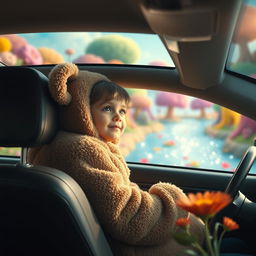 A whimsical cinematic image featuring an ordinary child sitting in the back seat of a realistic car, looking out with a sense of wonder
