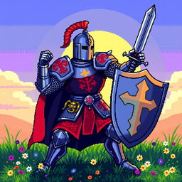 A detailed and vibrant pixel art scene featuring a brave knight in shining armor