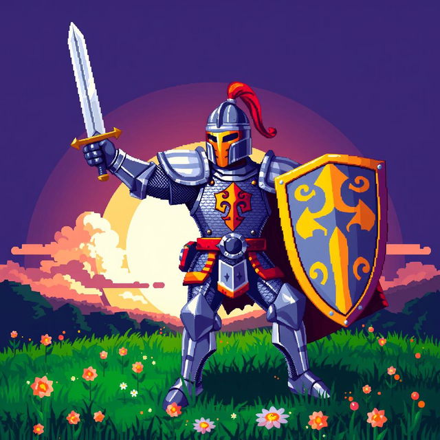 A detailed and vibrant pixel art scene featuring a brave knight in shining armor