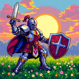 A detailed and vibrant pixel art scene featuring a brave knight in shining armor