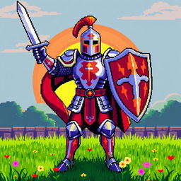 A detailed and vibrant pixel art scene featuring a brave knight in shining armor