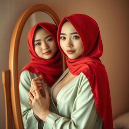 An 18-year-old Chinese girl, stunningly beautiful and ideal, posing seductively in front of a mirror