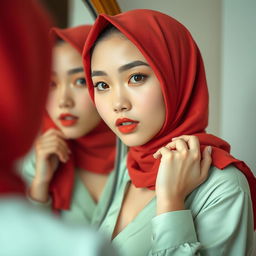 An 18-year-old Chinese girl, stunningly beautiful and ideal, in a sexy posture in front of a mirror