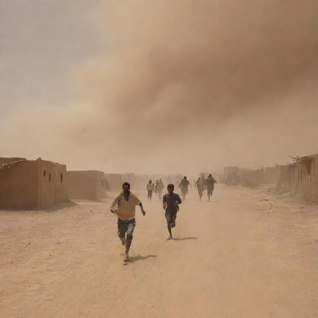 Inhabitants of the desert village, now in chaos, run fleeing for safety, as their mud-brick homes crumble under the mighty force of the destructive sandstorm.