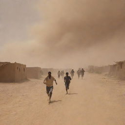 Inhabitants of the desert village, now in chaos, run fleeing for safety, as their mud-brick homes crumble under the mighty force of the destructive sandstorm.