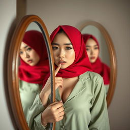 An 18-year-old Chinese girl, stunningly beautiful and ideal, in a sexy posture in front of a mirror