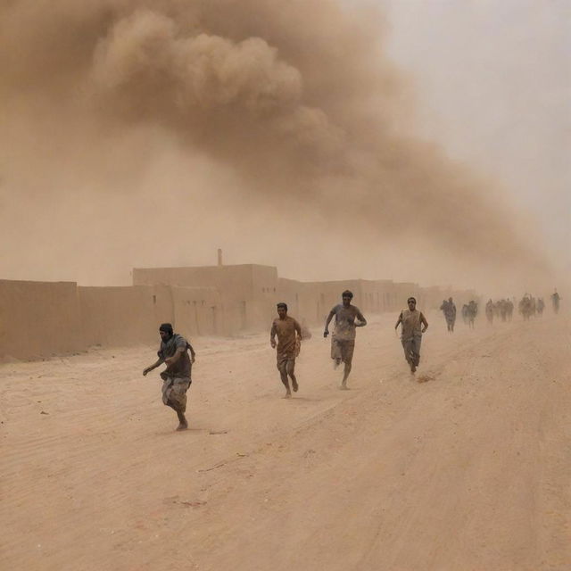 Inhabitants of the desert village, now in chaos, run fleeing for safety, as their mud-brick homes crumble under the mighty force of the destructive sandstorm.