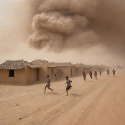 Inhabitants of the desert village, now in chaos, run fleeing for safety, as their mud-brick homes crumble under the mighty force of the destructive sandstorm.