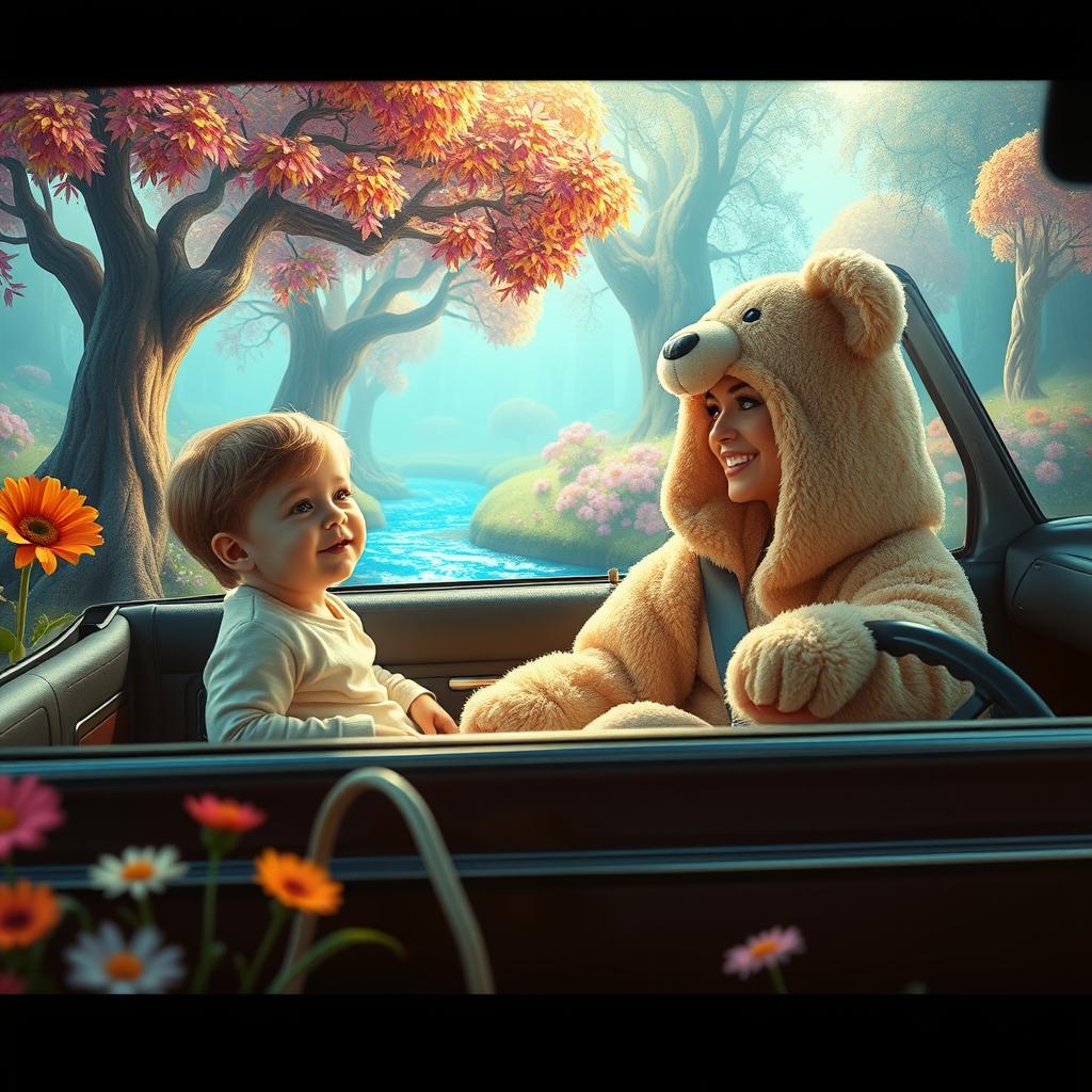 A charming cinematic image depicting an ordinary child in white regular clothes sitting in the backseat of a classic 80's car