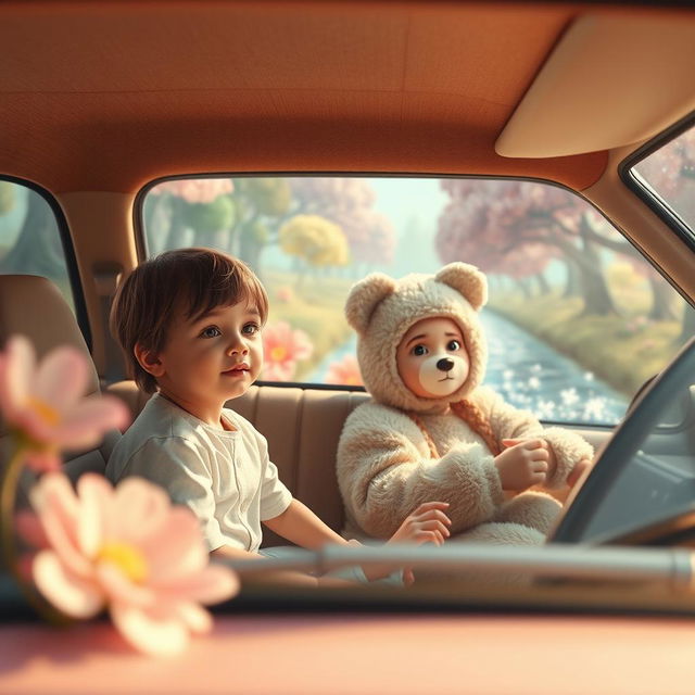 A charming cinematic image depicting an ordinary child in white regular clothes sitting in the backseat of a classic 80's car