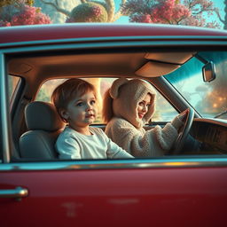 A charming cinematic image depicting an ordinary child in white regular clothes sitting in the backseat of a classic 80's car