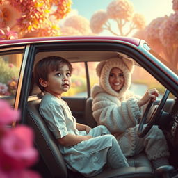 A charming cinematic image depicting an ordinary child in white regular clothes sitting in the backseat of a classic 80's car
