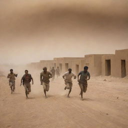 Inhabitants of the desert village, now in chaos, run fleeing for safety, as their mud-brick homes crumble under the mighty force of the destructive sandstorm.