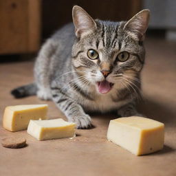 A playful scene of a cat eating cheese, suddenly interrupted by a mischievous mouse kicking it.