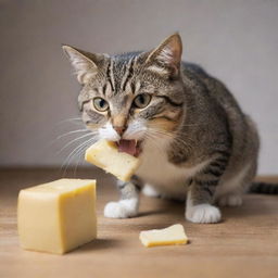 A playful scene of a cat eating cheese, suddenly interrupted by a mischievous mouse kicking it.