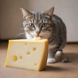 A playful scene of a cat eating cheese, suddenly interrupted by a mischievous mouse kicking it.