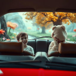 A cinematic image capturing a scene from a distance, showcasing an ordinary child in white regular clothes sitting in the backseat of a classic 80's car