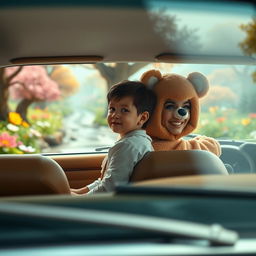 A cinematic image capturing a scene from a distance, showcasing an ordinary child in white regular clothes sitting in the backseat of a classic 80's car