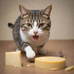 A playful scene of a cat eating cheese, suddenly interrupted by a mischievous mouse kicking it.