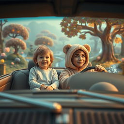 A cinematic image capturing a scene from a distance, showcasing an ordinary child in white regular clothes sitting in the backseat of a classic 80's car
