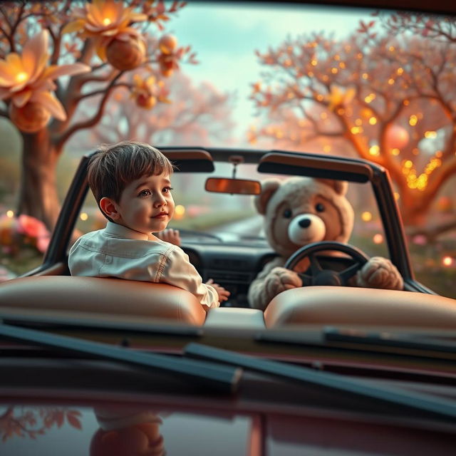 A cinematic image capturing a scene from a distance, showcasing an ordinary child in white regular clothes sitting in the backseat of a classic 80's car